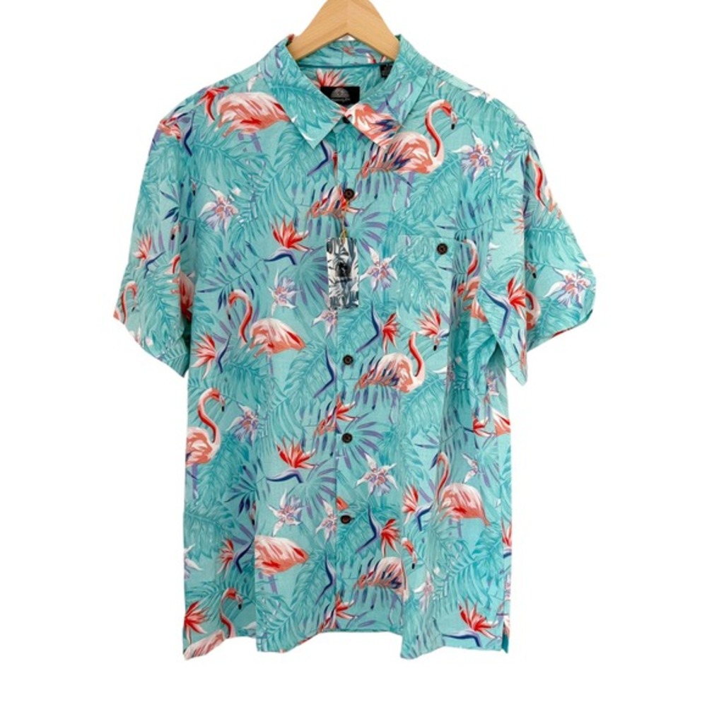 NWT Havana Jim Aqua Flamingo Tropical Print Button Down Shirt Men's Size L